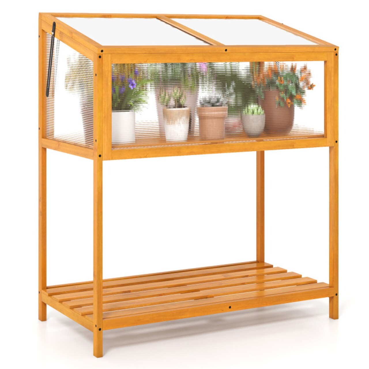 Orange Cold Frame Greenhouse Wood with Transparent Top and Storage Rack